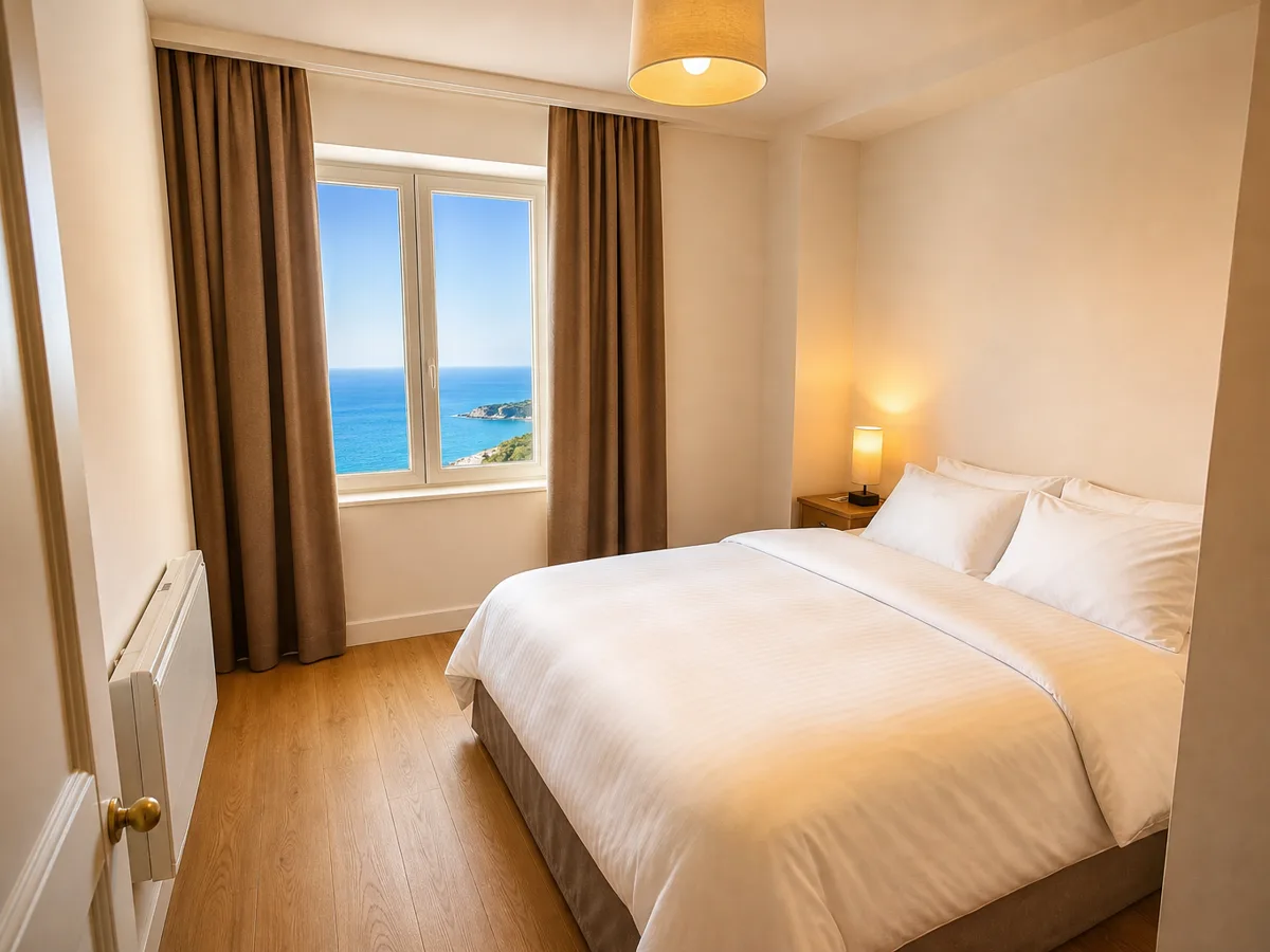 La même chambre retouchée de façon trompeuse : volumes gonflés au grand-angle, vue remplacée par la mer