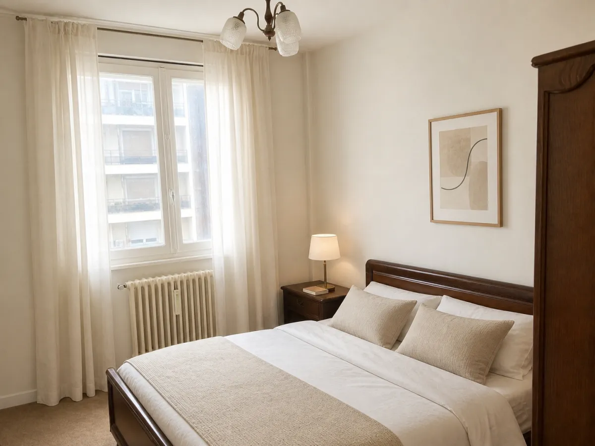 La même chambre après mise en scène virtuelle : literie façon hôtel, teintes claires, chevet dégagé