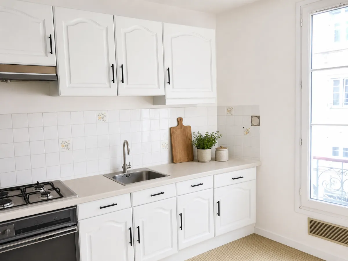 Premier rendu IA : la même cuisine en ambiance blanc moderne, structure inchangée