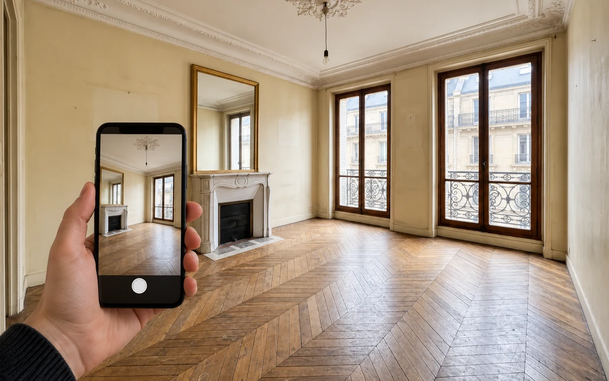 Illustration : une main photographie un salon haussmannien vide avec un téléphone, face à la cheminée et aux fenêtres.