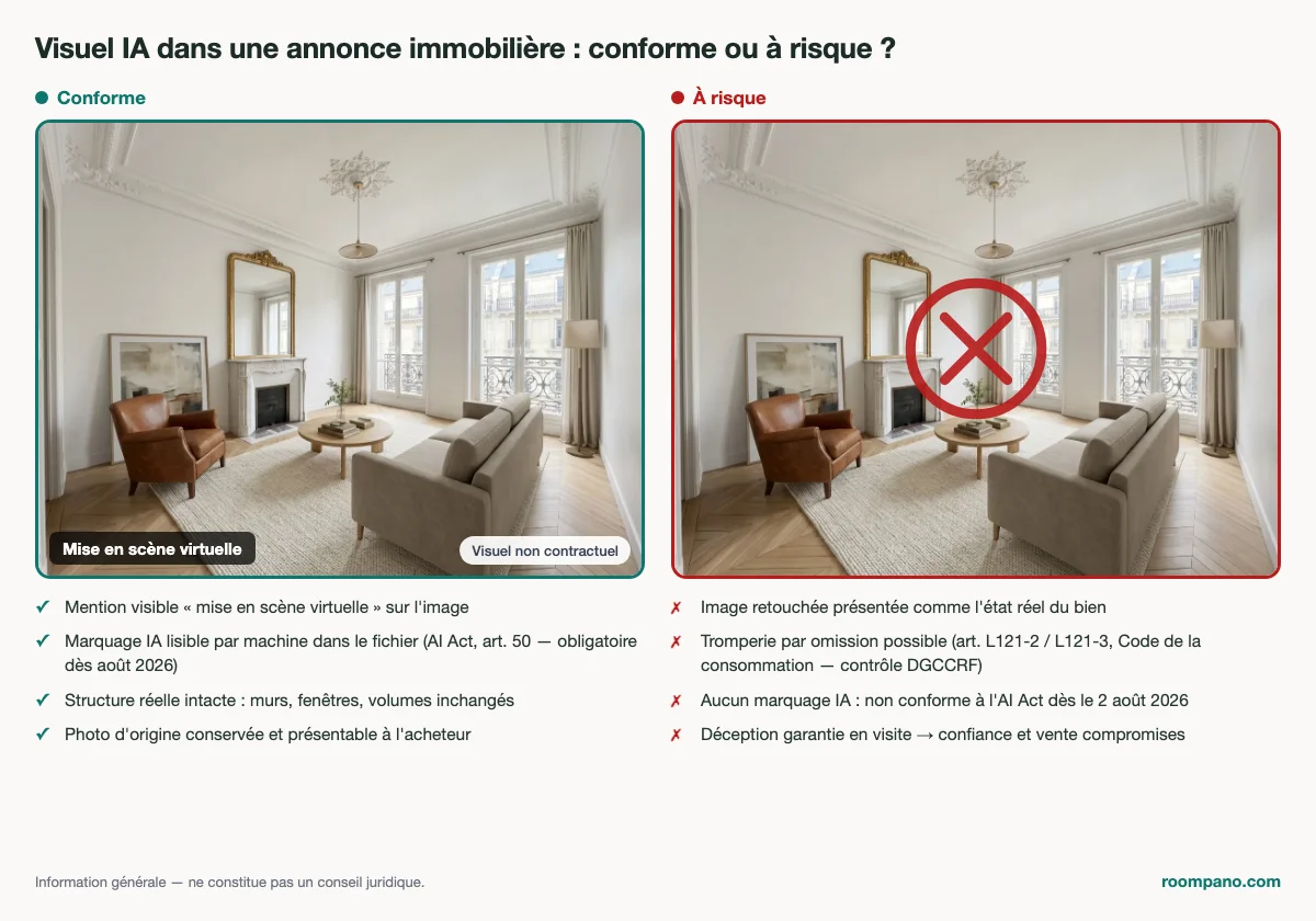 Comparatif conforme vs à risque : le même visuel de home staging virtuel avec et sans mention légale et marquage IA