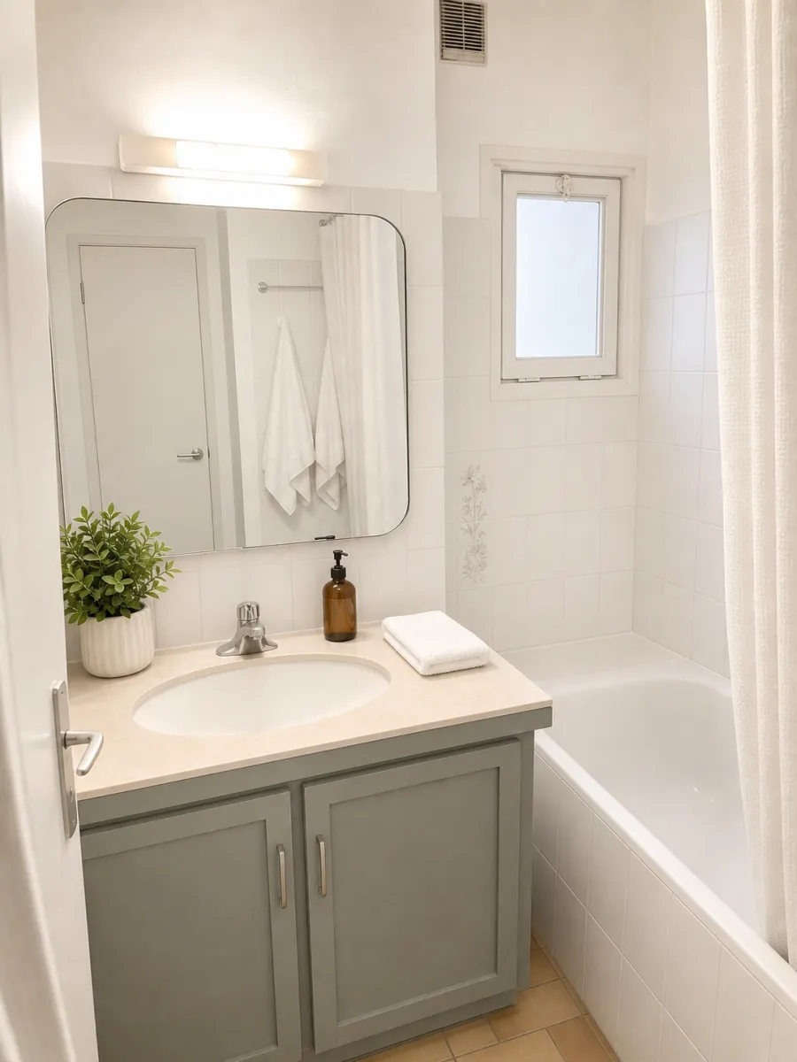 La même salle de bains après mise en scène virtuelle : faïence claire, meuble repeint, serviettes blanches pliées
