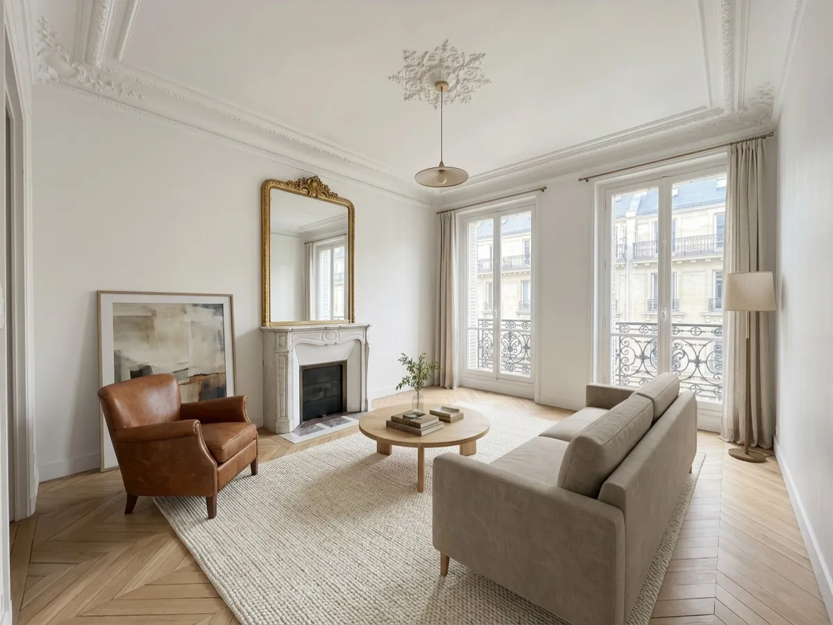 Le même salon meublé par IA : canapé, fauteuil, tapis — moulures, cheminée et parquet inchangés