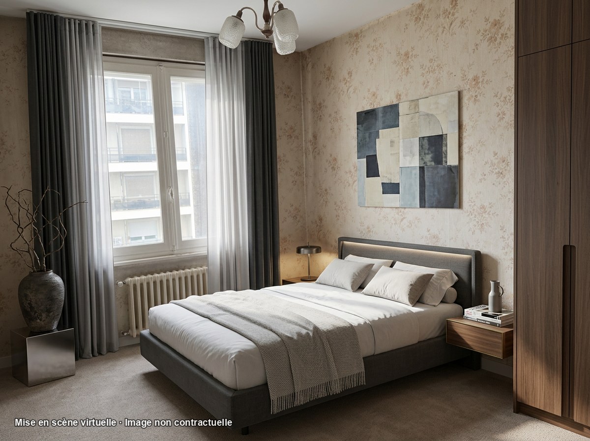 Troisième variante de la chambre avec nouveau lit et rideaux, papier peint floral et ancien lustre visibles