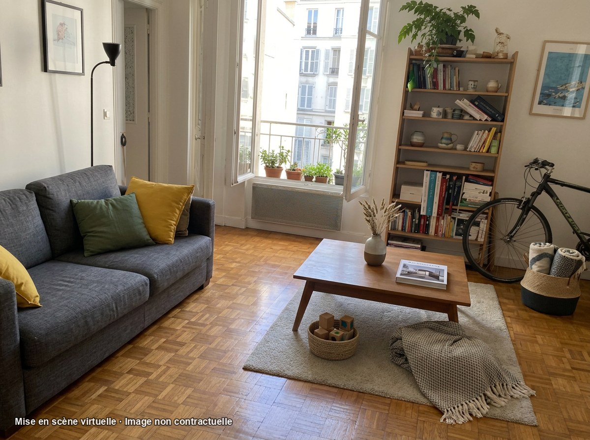Deuxième variante du séjour rangé, avec vélo et bibliothèque conservés mais objets réorganisés