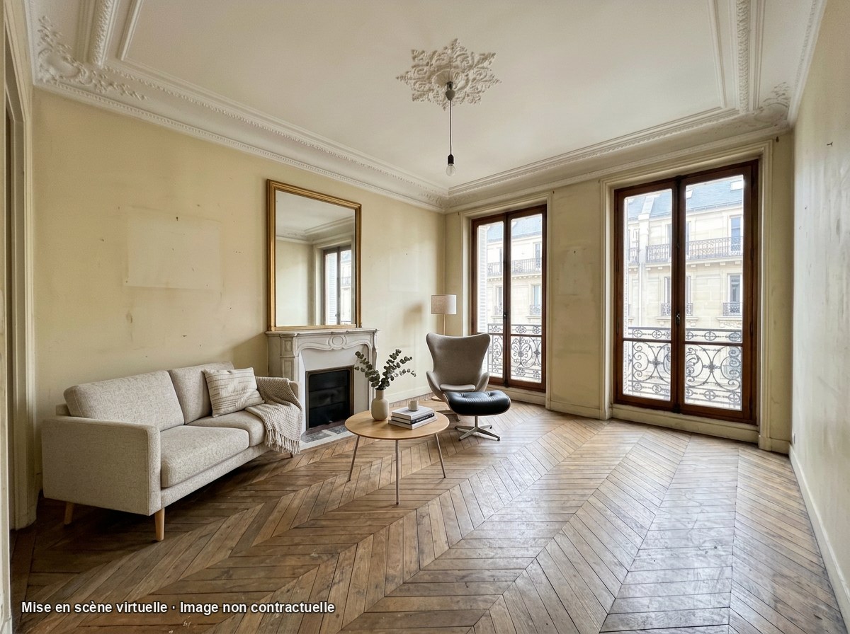 Variante reprise avec canapé compact à gauche, sans tapis et davantage de parquet visible