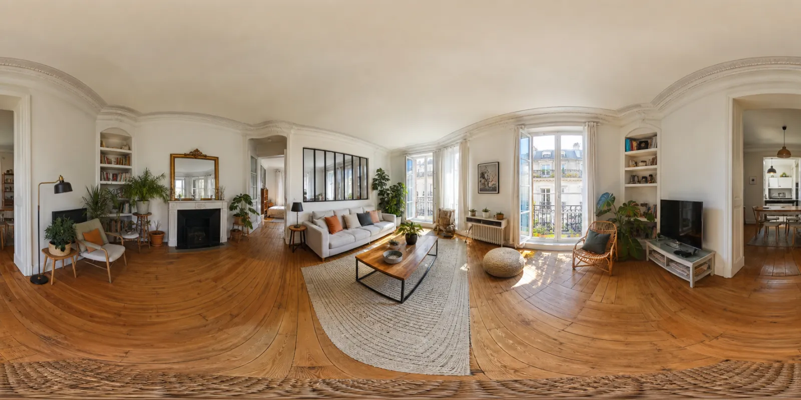 Visite virtuelle 360 d'un salon — panorama équirectangulaire navigable